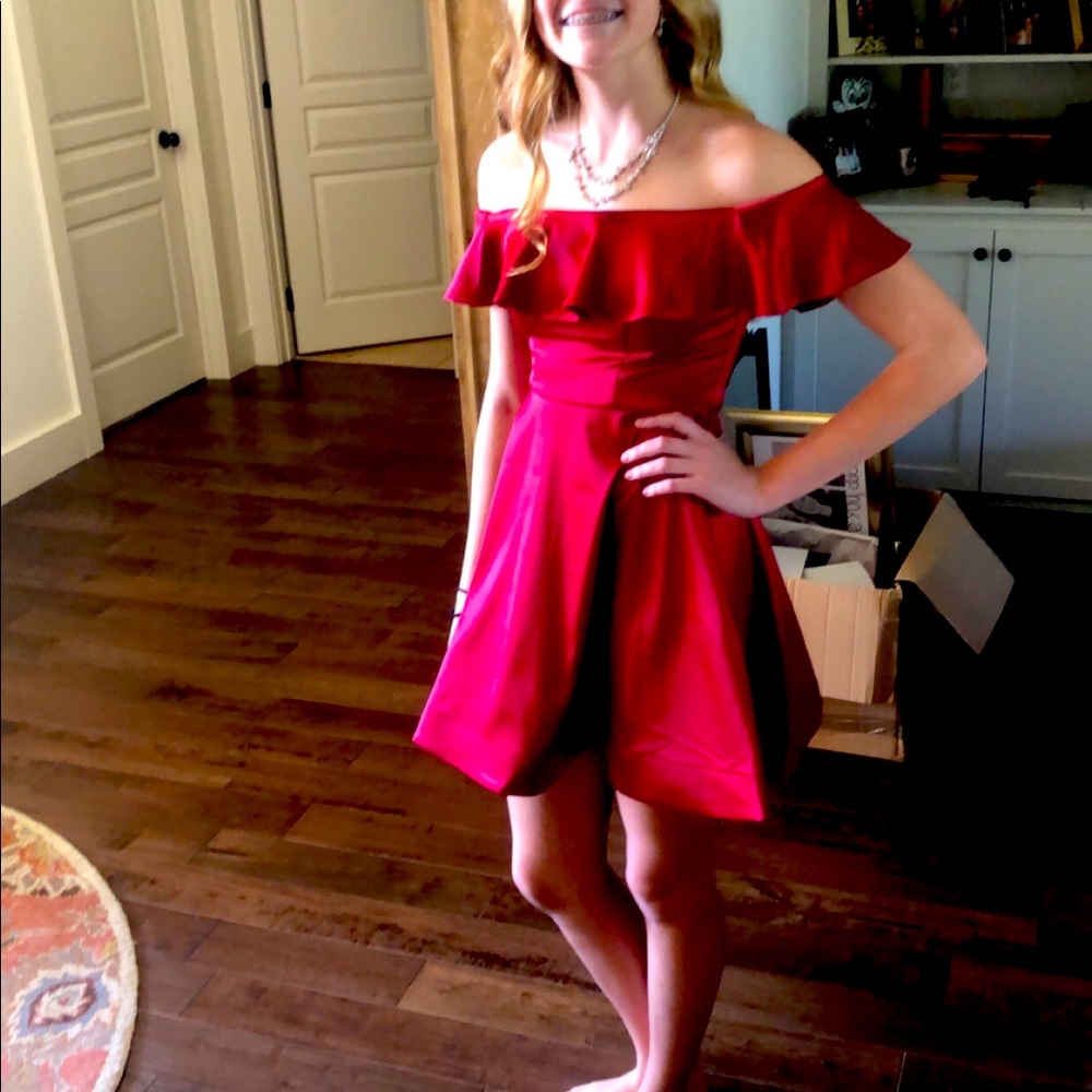 Homecoming dress, Garnet red off the shoulder semi formal dress - Picture 2 of 13